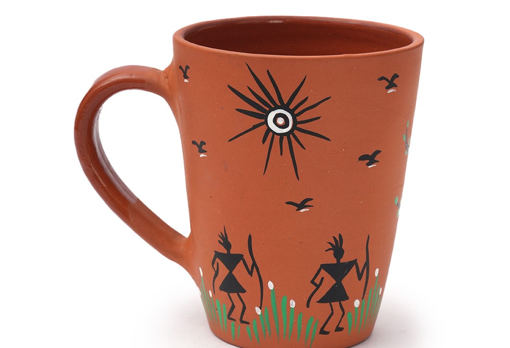 Discover Authentic Indian Artistry: Handcrafted Terracotta Mugs Inspired by Sohrai Art from Jharkhand
