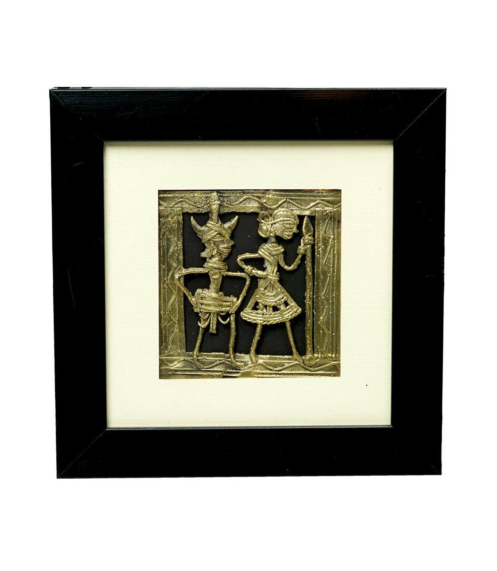 Handmade Tribal Dokra Art Frame | Drummer & Woman Holding a Spear