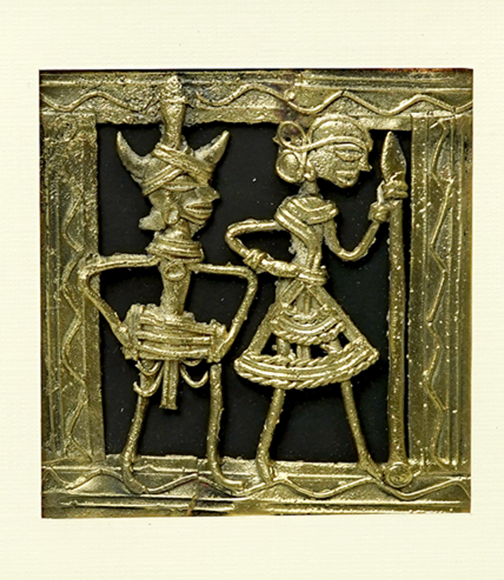 Handmade Tribal Dokra Art Frame | Drummer & Woman Holding a Spear