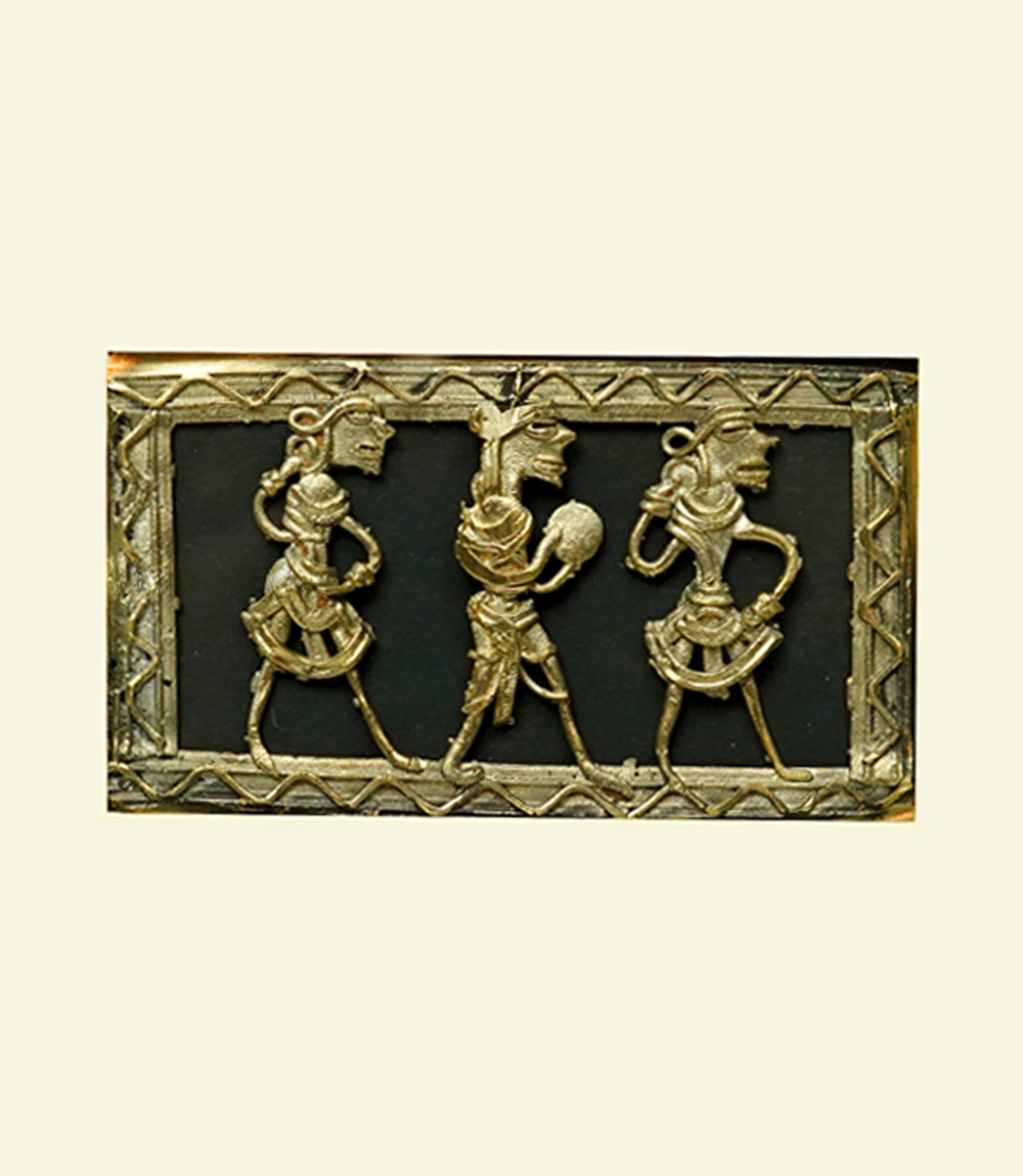 Handmade Tribal Dokra Art Frame | 2 Dancers & 1 Dholak Player