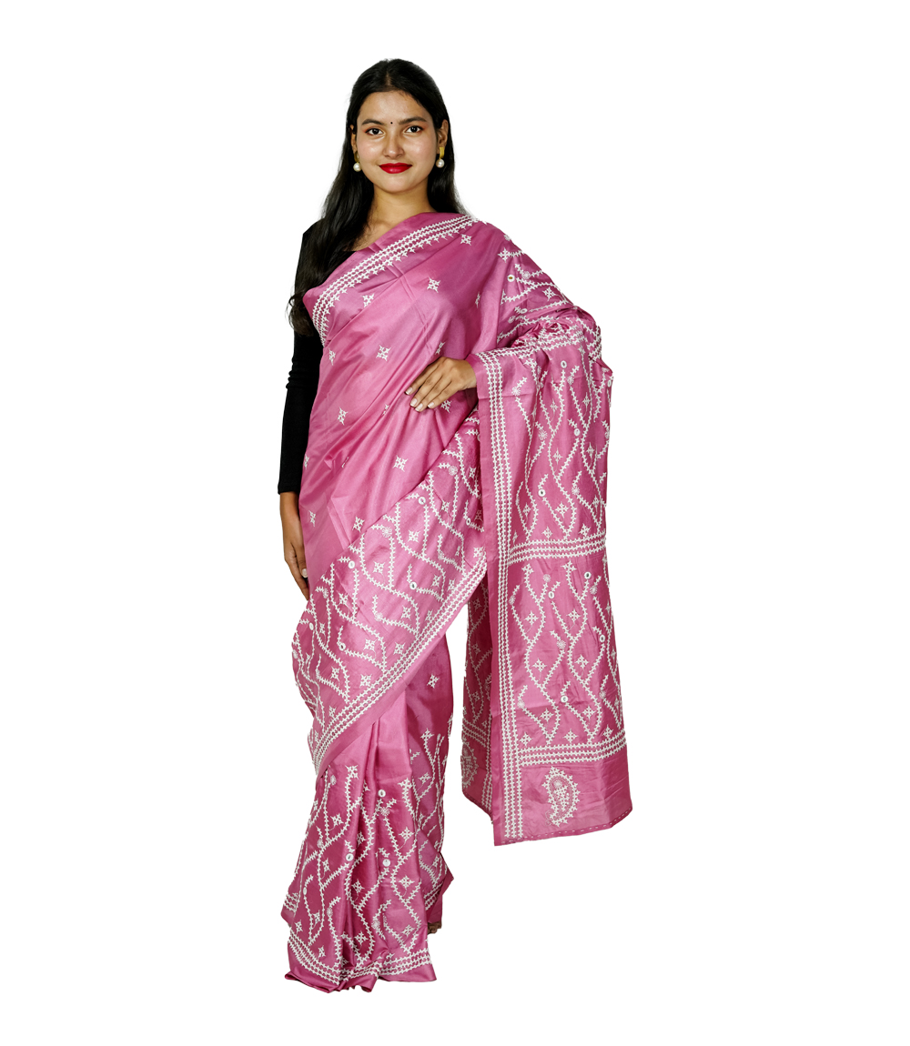 Hand-Stitched Pink Saree with Embroidery – Kantha Stitch By Tribes Of West Bengal