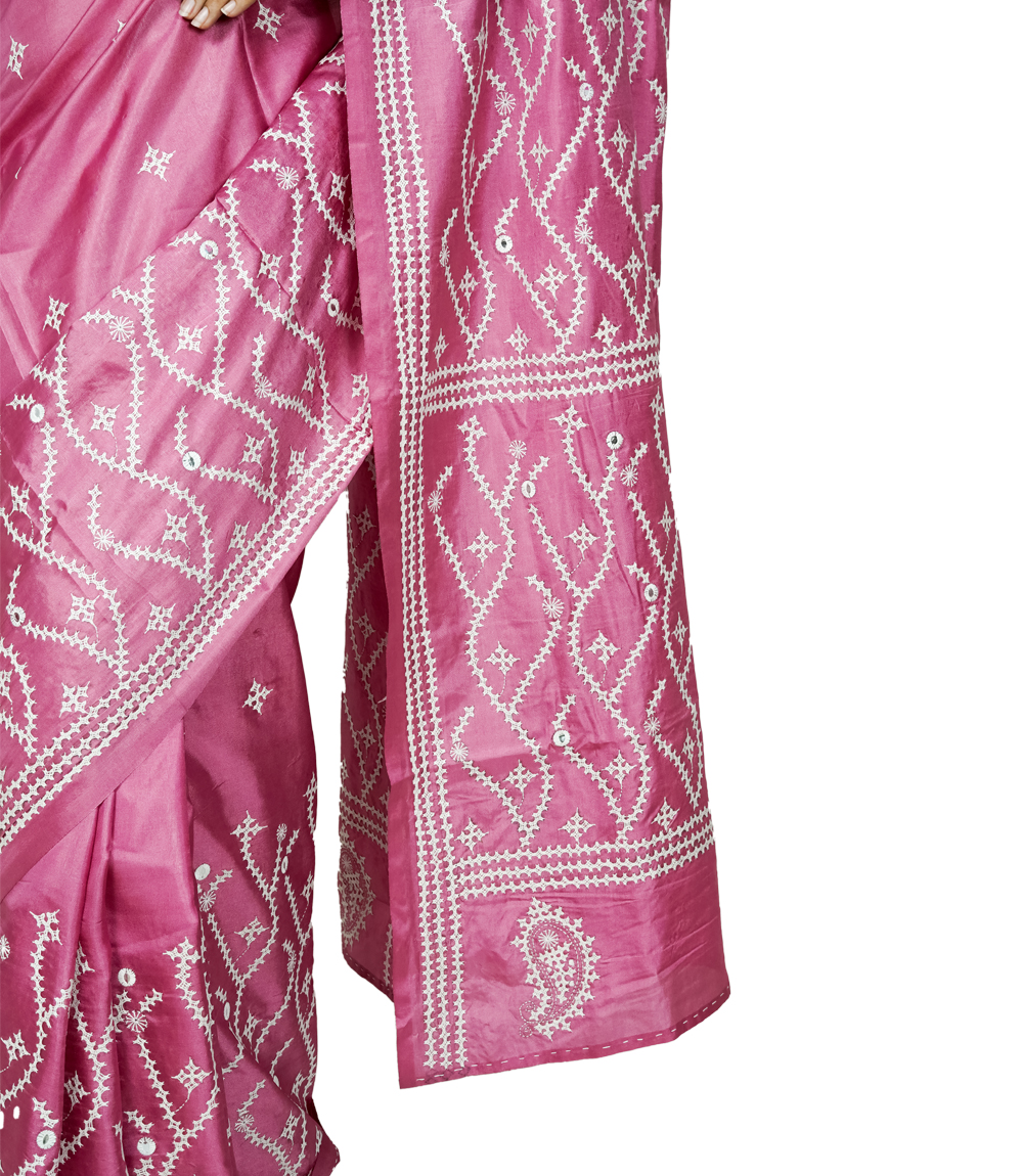 Hand-Stitched Pink Saree with Embroidery – Kantha Stitch By Tribes Of West Bengal
