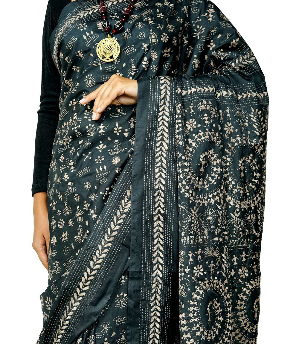 Hand-Stitched Black Saree  with Embroidery – Kantha Stitch By Tribes Of West Bengal