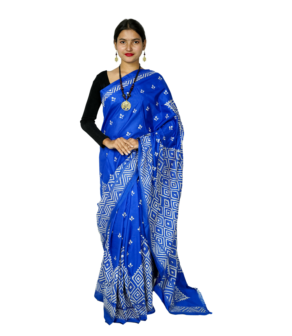 Hand-Stitched Royal Blue Saree with Geometric Patterns Kantha Stitch By Tribes Of West Bengal