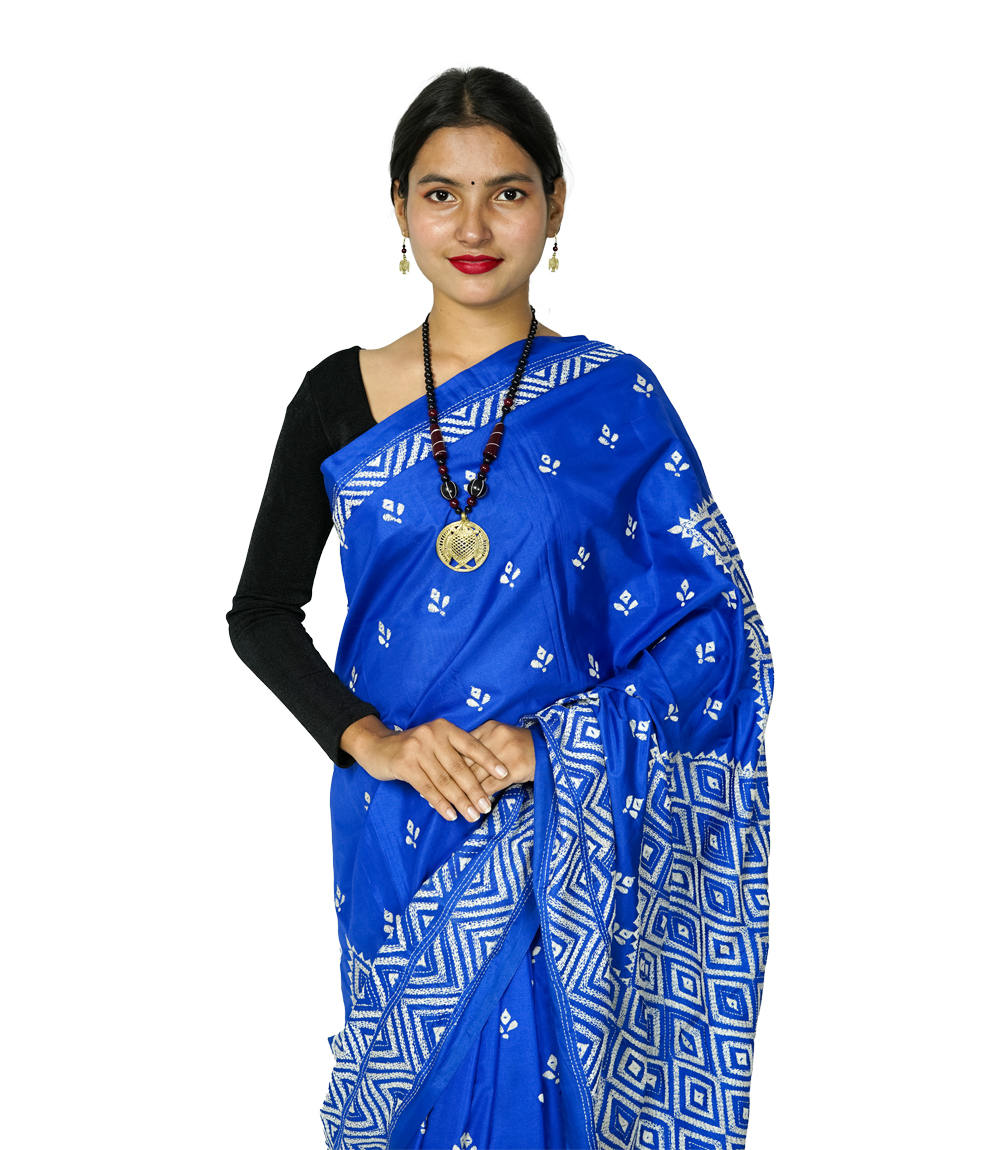 Hand-Stitched Royal Blue Saree with Geometric Patterns Kantha Stitch By Tribes Of West Bengal