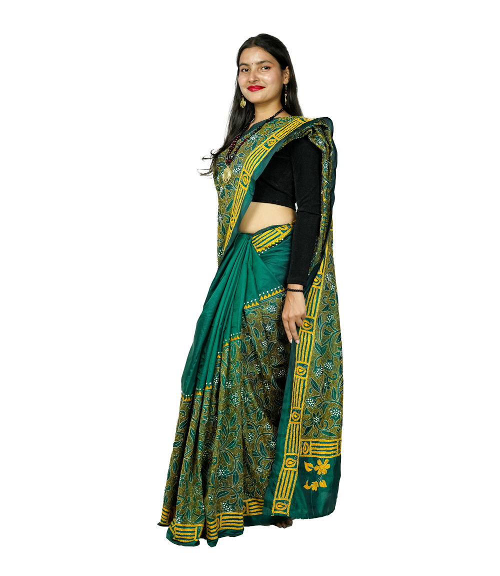 Hand-Stitched Emerald Green Saree with Golden  Leaf Patterns- Kantha Stitch By Tribes Of West Bengal 