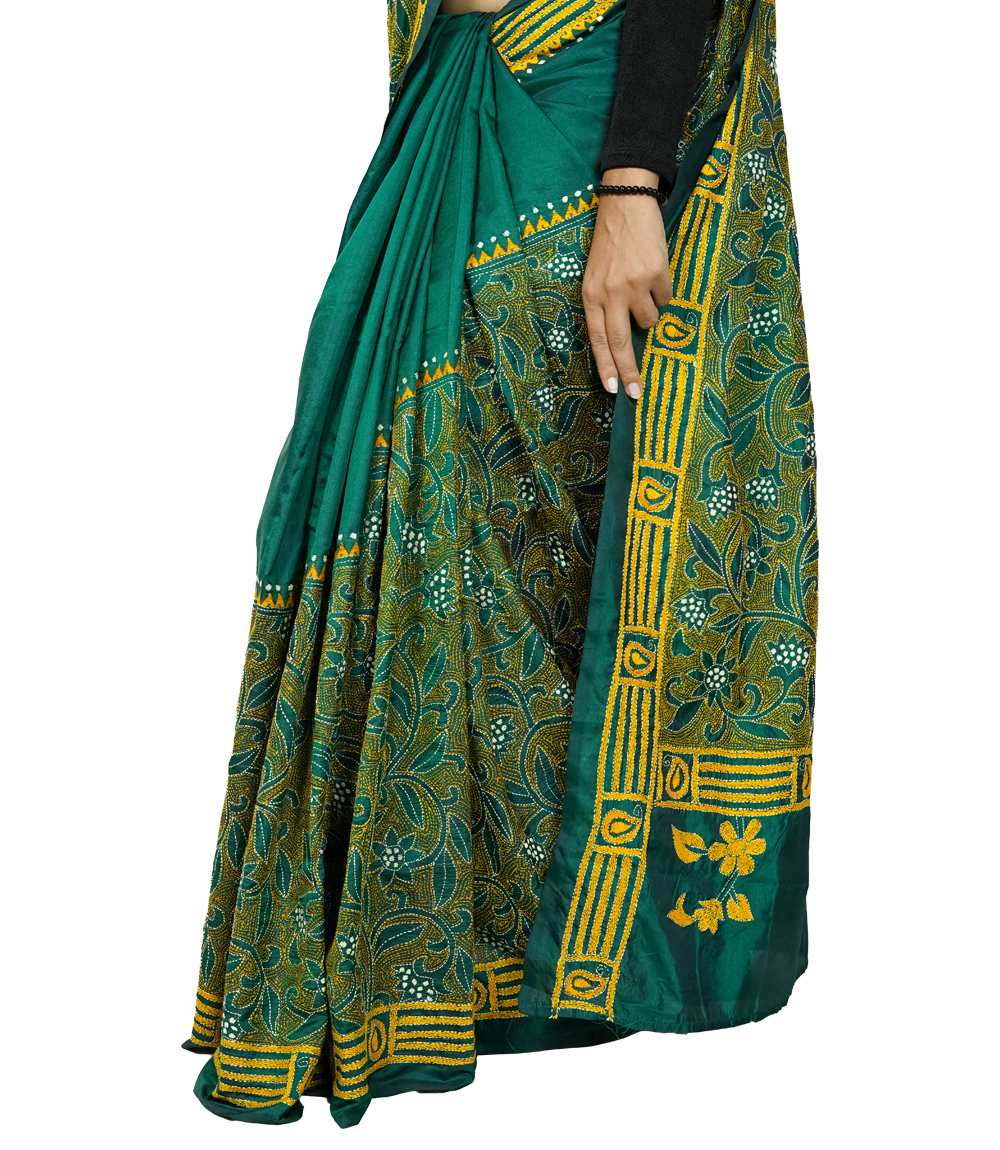 Hand-Stitched Emerald Green Saree with Golden  Leaf Patterns- Kantha Stitch By Tribes Of West Bengal 