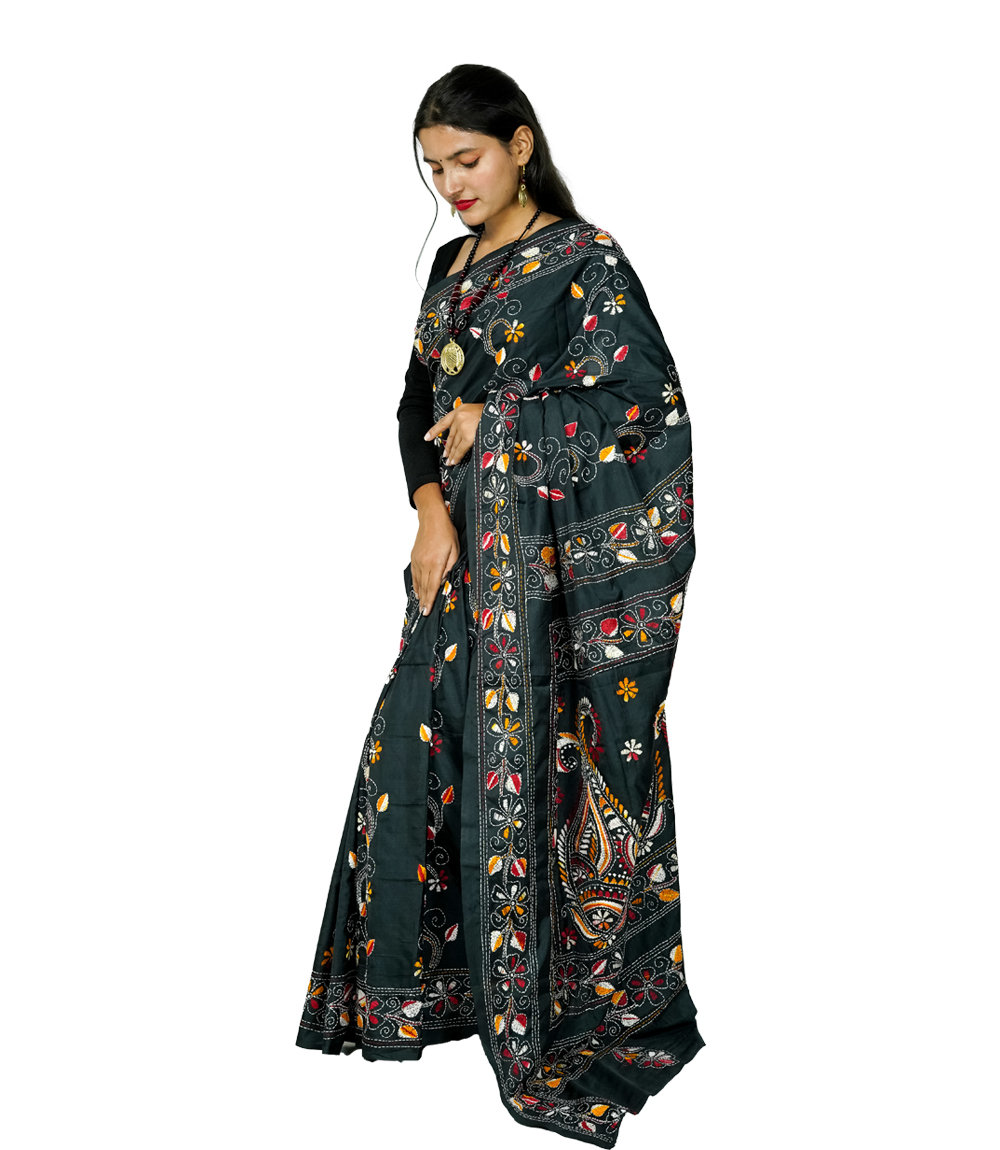 Hand-Stitched black saree with multi-colour embroidery- Kantha Stitch By Tribes Of West Bengal 