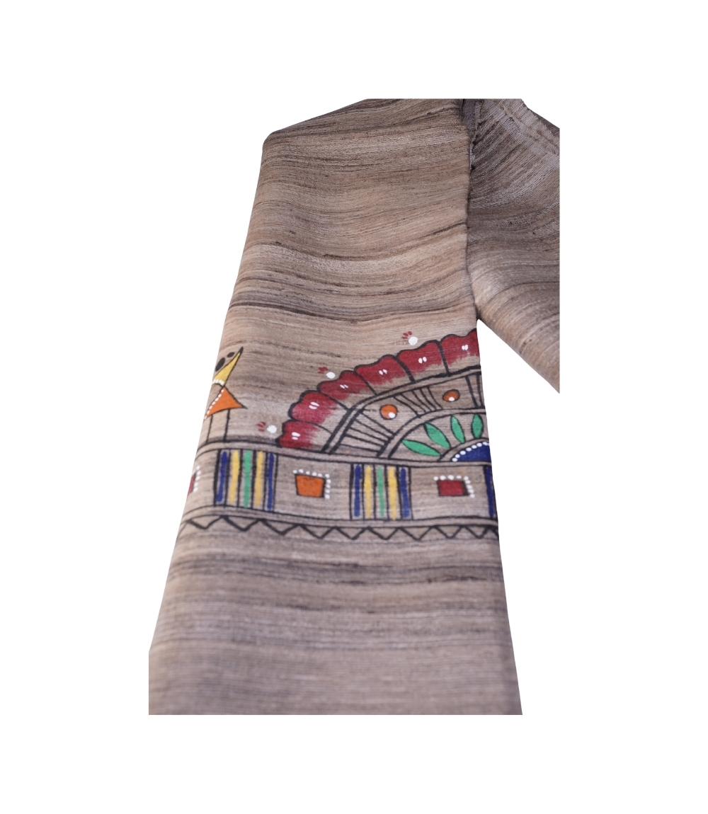 Hand-Painted Tassar Silk Stole Made By Tribes Of Jharkhand Natural Colour