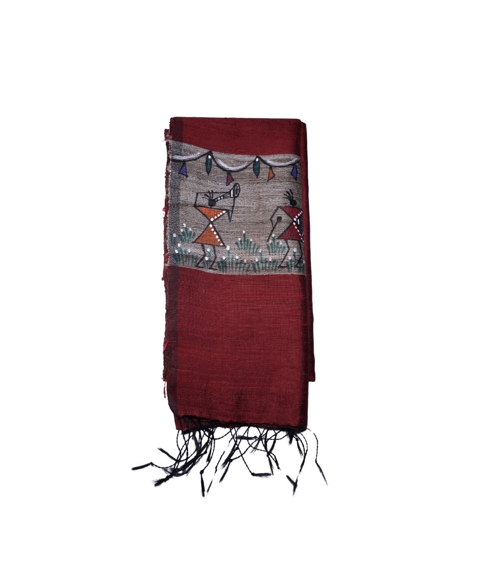 Hand-Painted Tassar Silk Stole – Made by Tribes of Jharkhand - Marron