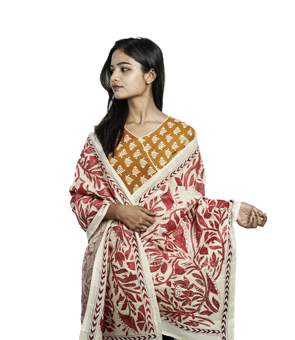 Handstitched Kantha Stole by Tribes of West-Bengal (Off white)