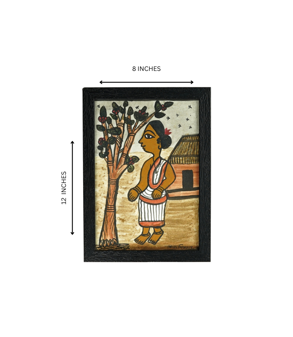 Handpainted Paitkar with a single woman near a hut-Made by tribes of Jharkhand