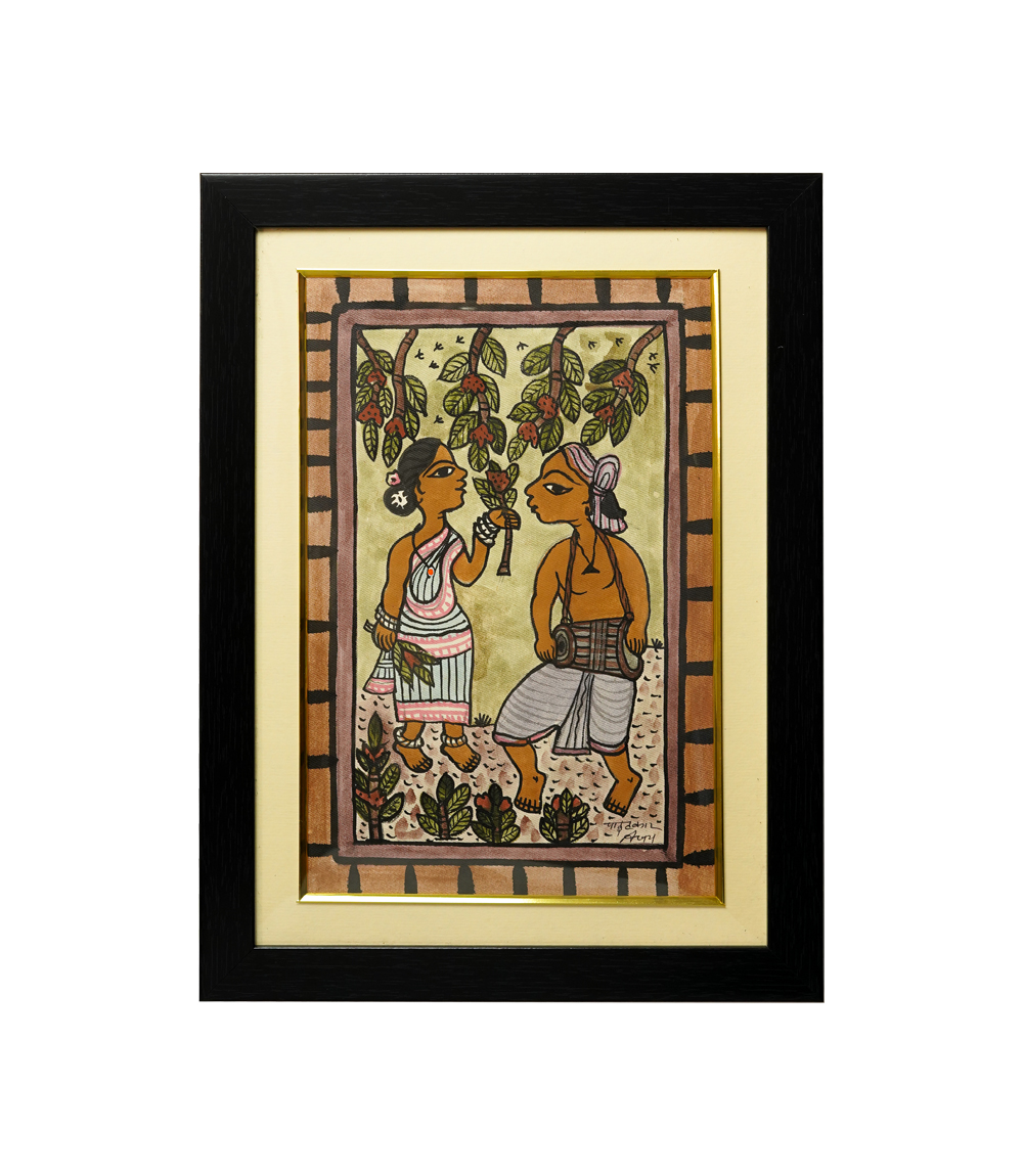 Handpainted Paitkar Painting of Tribal Couple dancing in garden