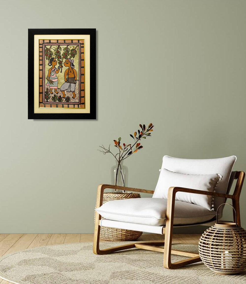 Handpainted Paitkar Painting of Tribal Couple dancing in garden