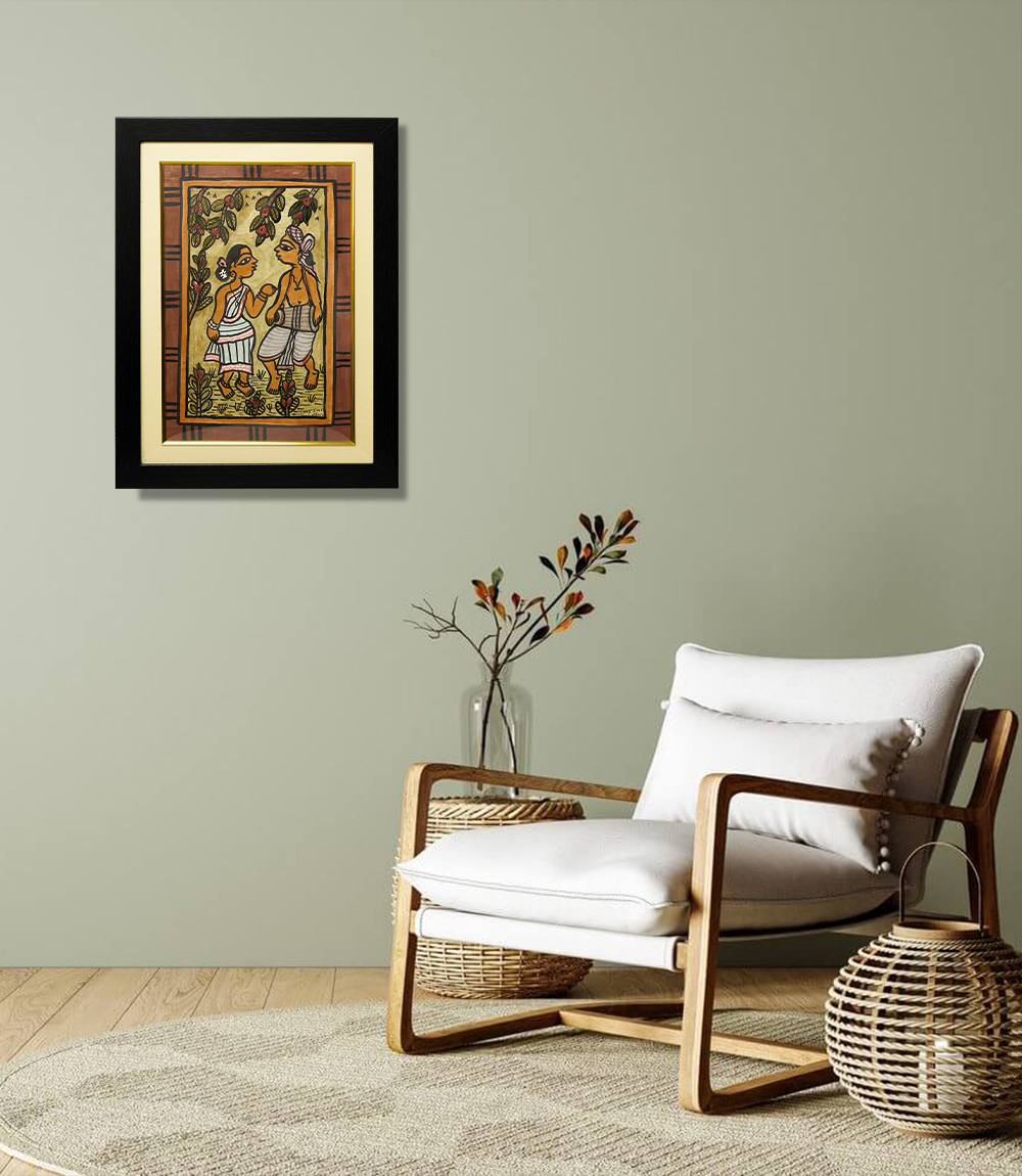 Handpainted Paitkar Painting of Tribal Couple in a Forest Setting