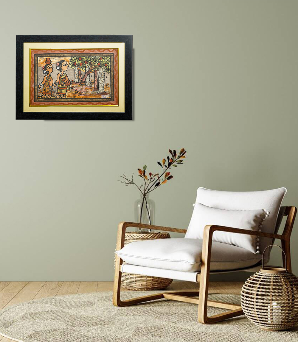 Handpainted Paitkar Painting – Two Tribal Women(Green-Brown Sari) & Fruit Forest (15.5x11.5)
