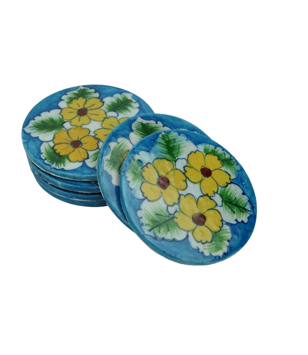 Blue Pottery yellow flowers and green leaves Coaster (6 piece)
