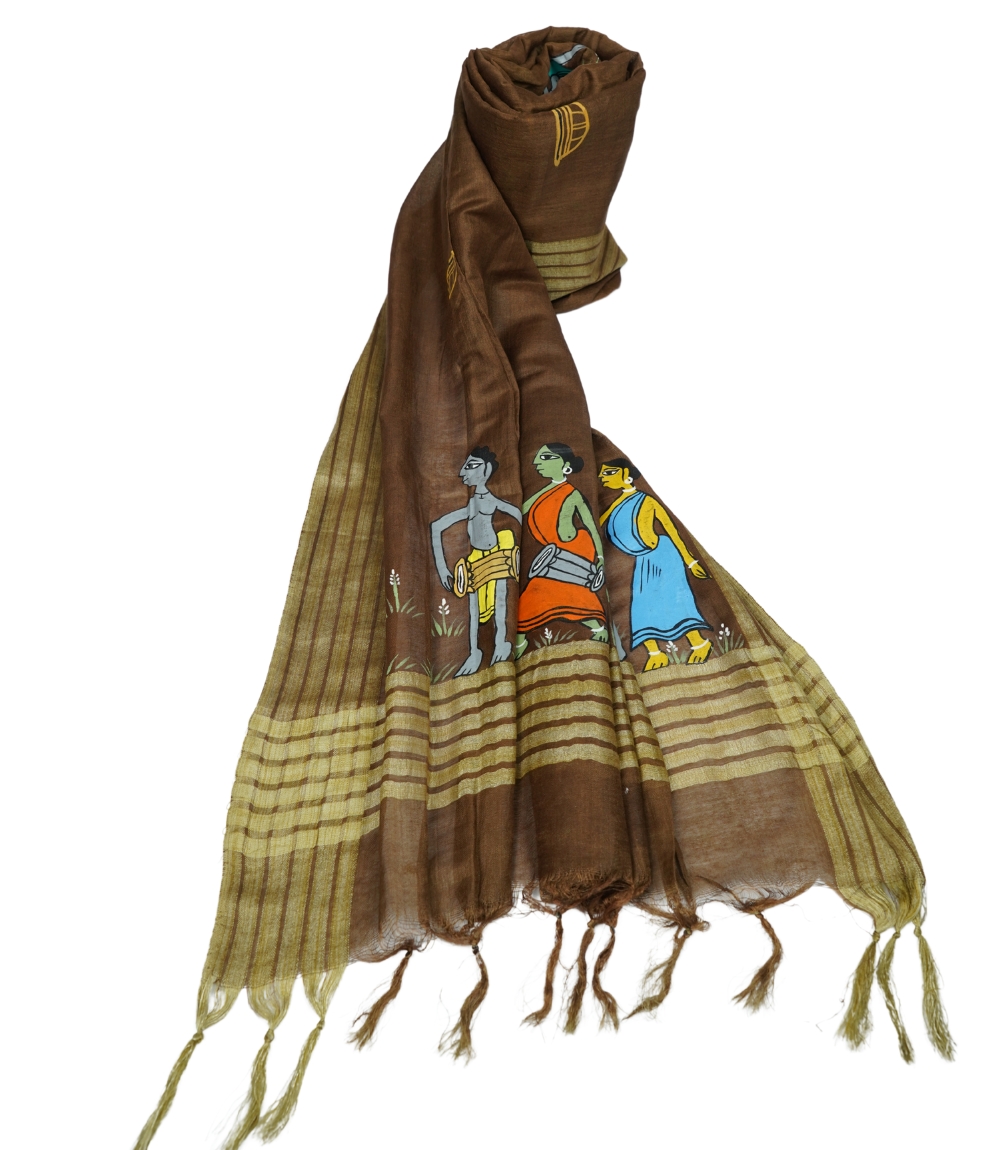  Hand-Painted Tribal Art Tassar Silk Stole – Made by the Tribes of Jharkhand 