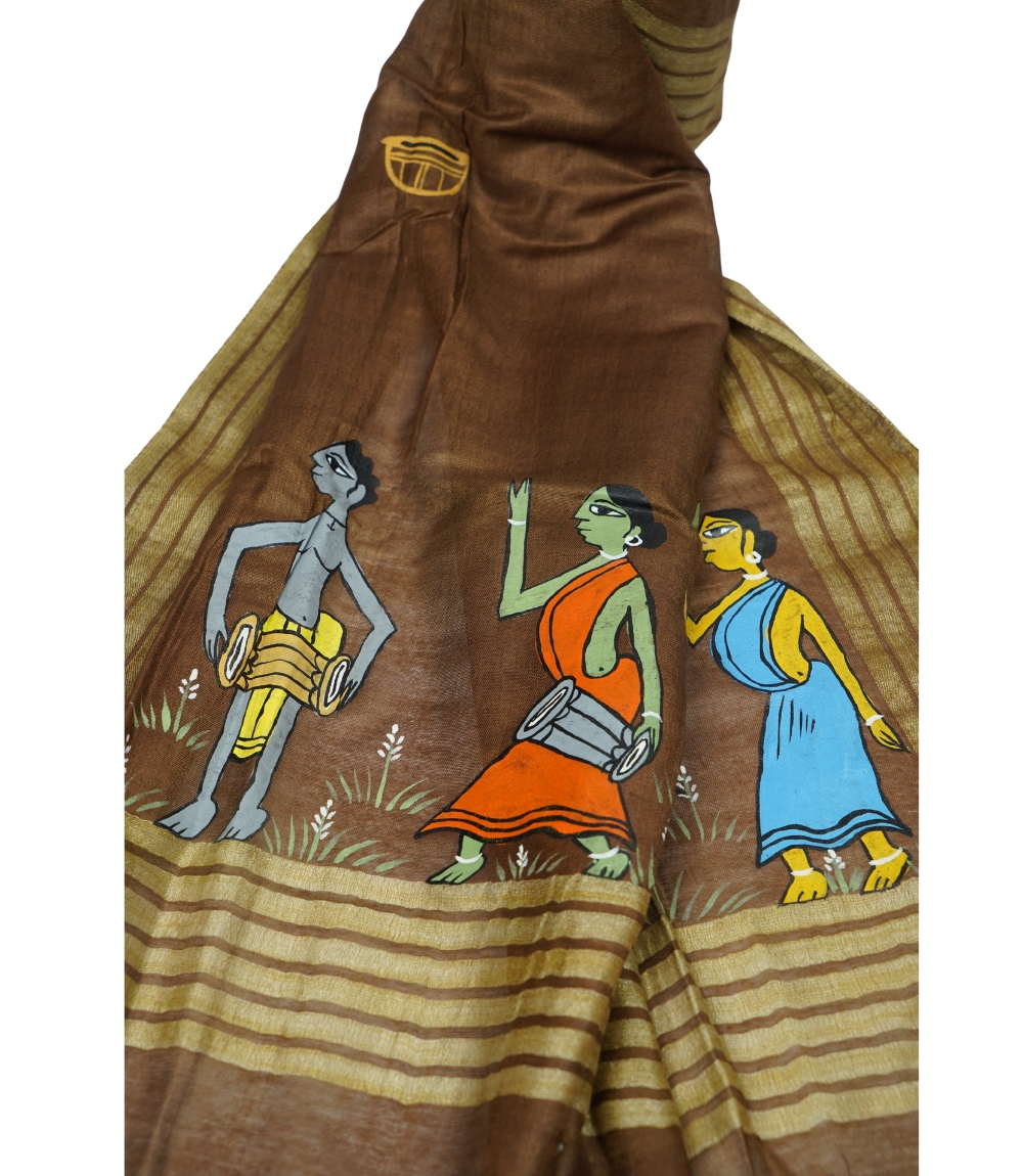 Hand-Painted Tribal Art Tassar Silk Stole – Made by the Tribes of Jharkhand 