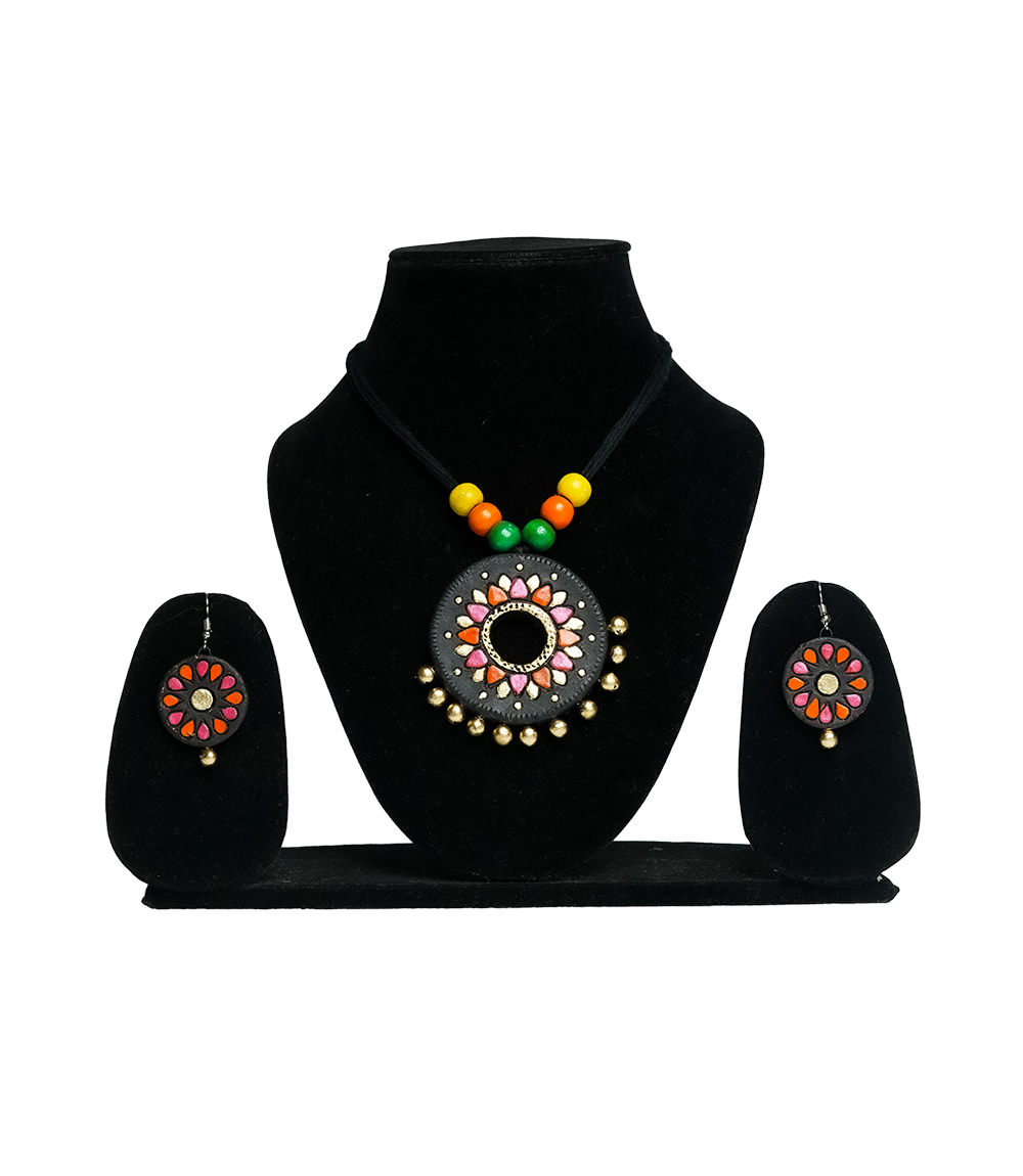 Handcrafted Black & Multicolor Floral Terracotta Necklace & Earring Set