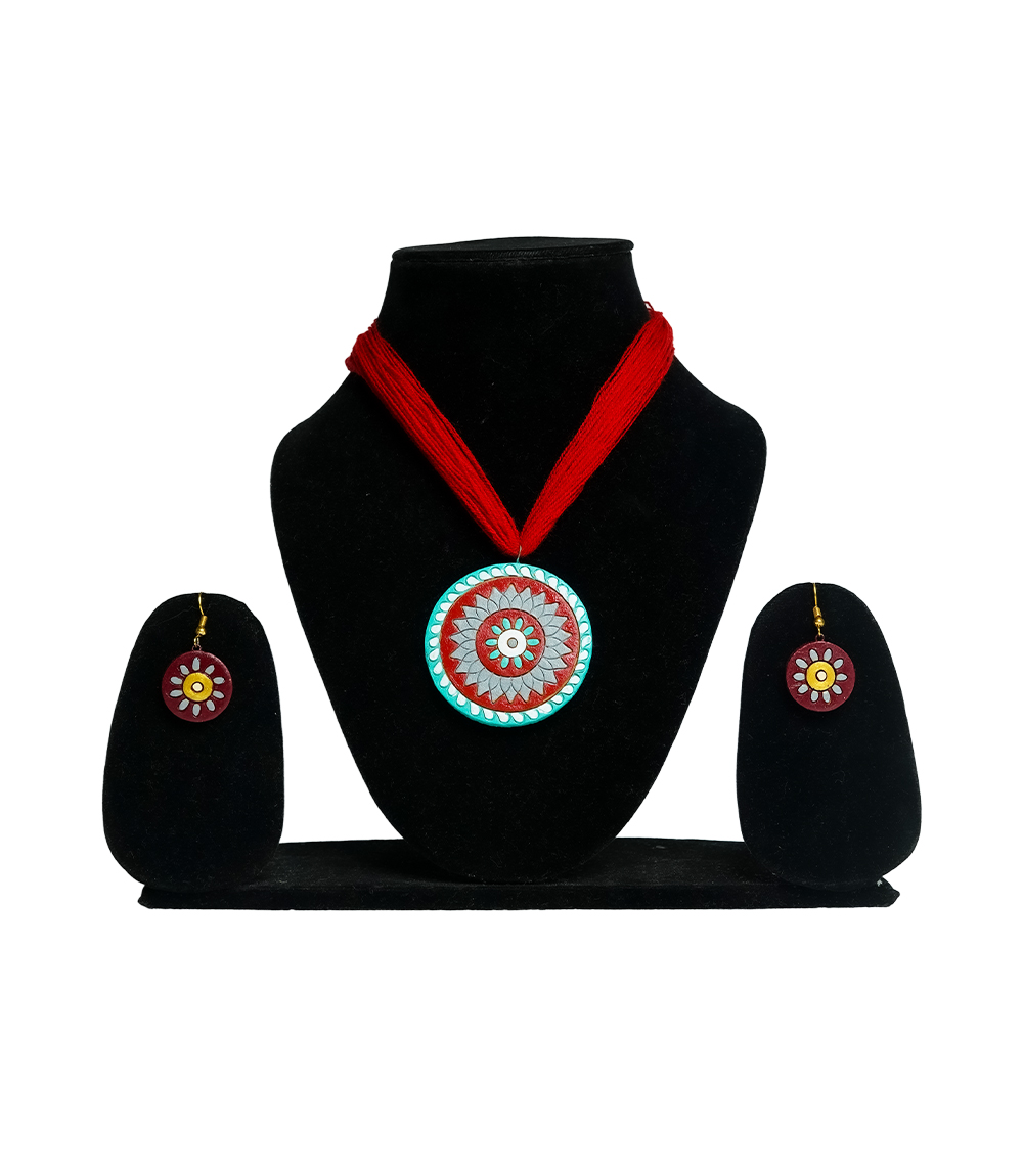 Handcrafted Red Mandala Terracotta Necklace & Earring Set