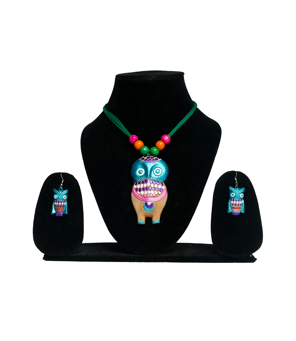 Colorful Owl Terracotta Necklace & Earring Set