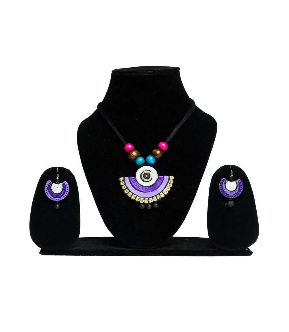 Handcrafted Purple Semi-Circular Terracotta Necklace & Earring Set