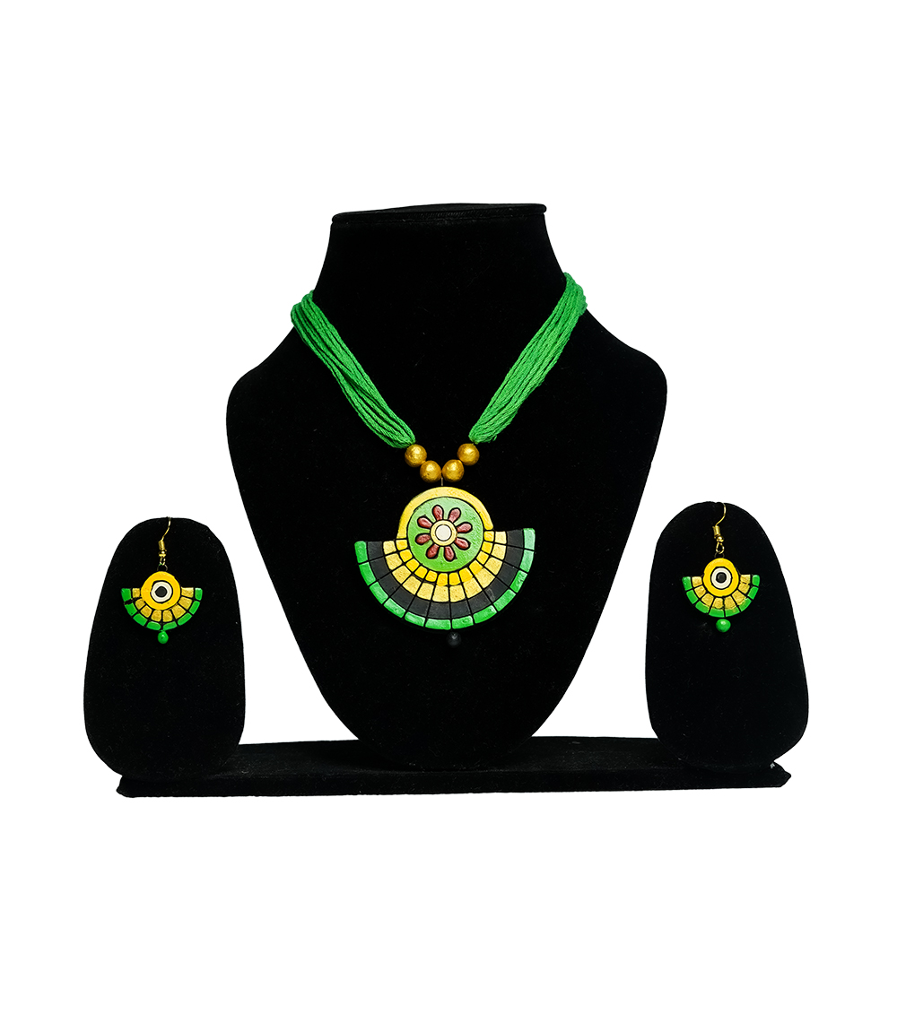 Terracotta Necklace Set (Green, Yellow and black) - Made by Tribes of Jharkhand 