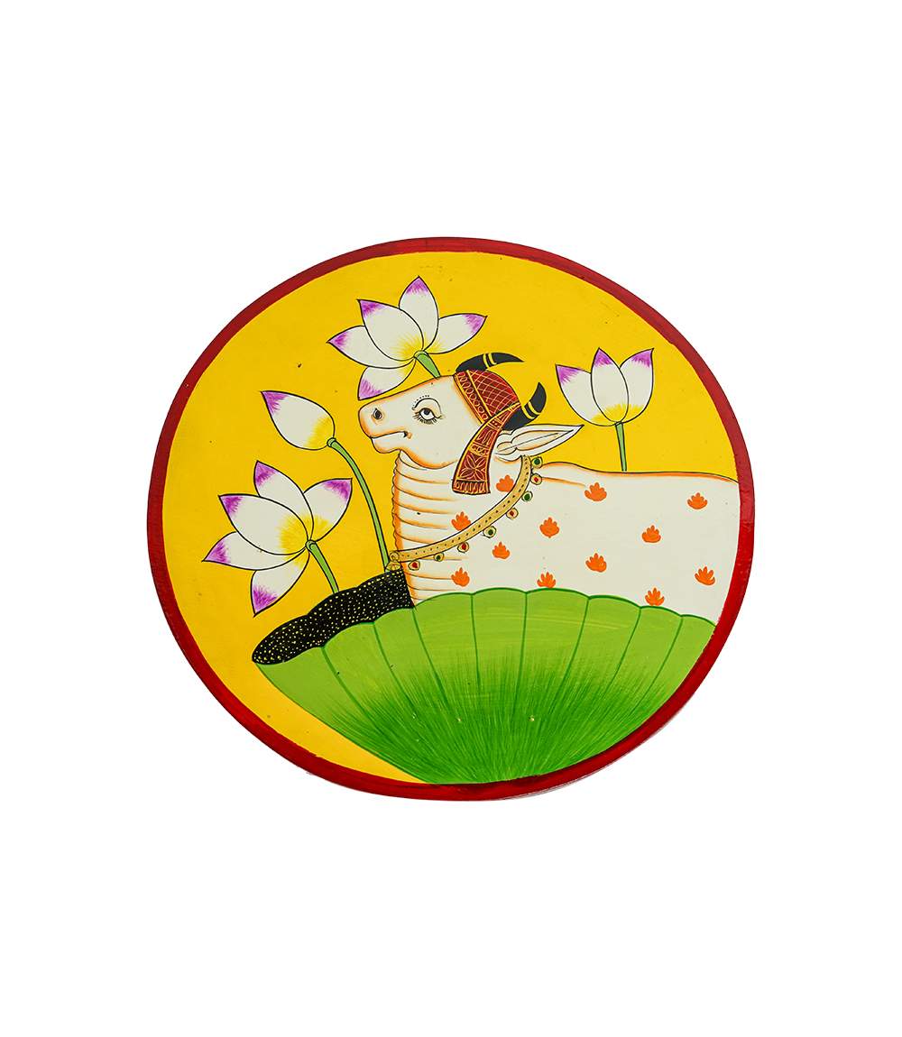 Hand-Painted Pichwai Wooden Plate Cow Amidst Lotus Flower