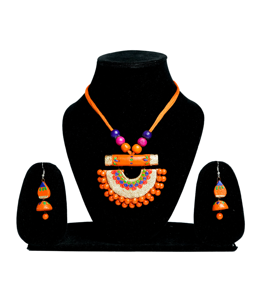Handcrafted Terracotta Tribal Jewelry Set – Vibrant Orange & Multicolor Design