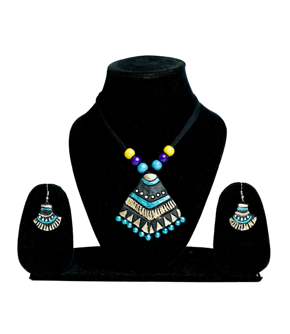 Blue Dusk – Tribal Terracotta Necklace & Earrings