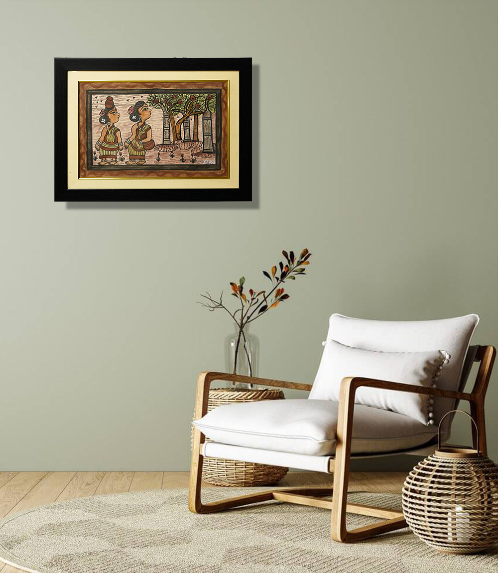 Handpainted Paitkar Painting of Tribal women with Floral Ornaments