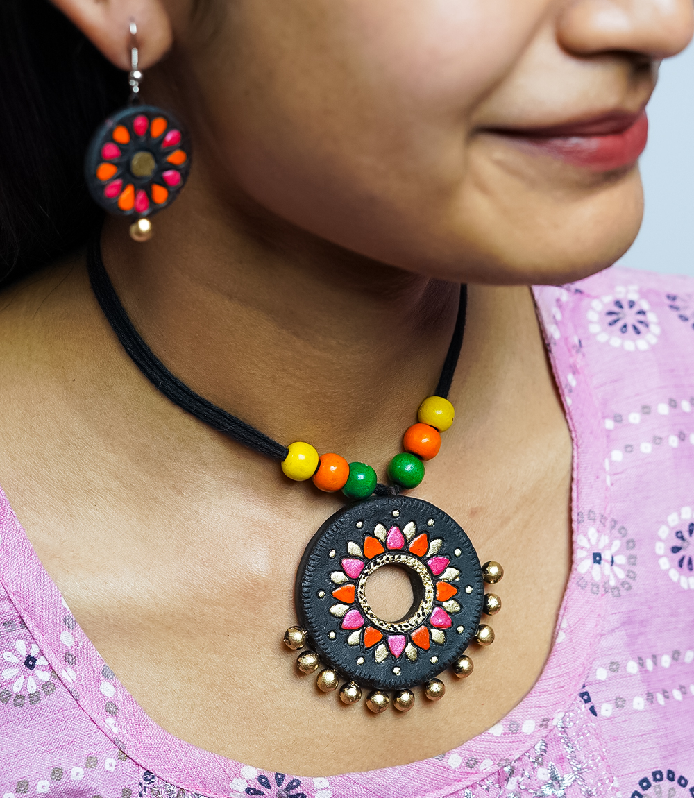 Handcrafted Black & Multicolor Floral Terracotta Necklace & Earring Set