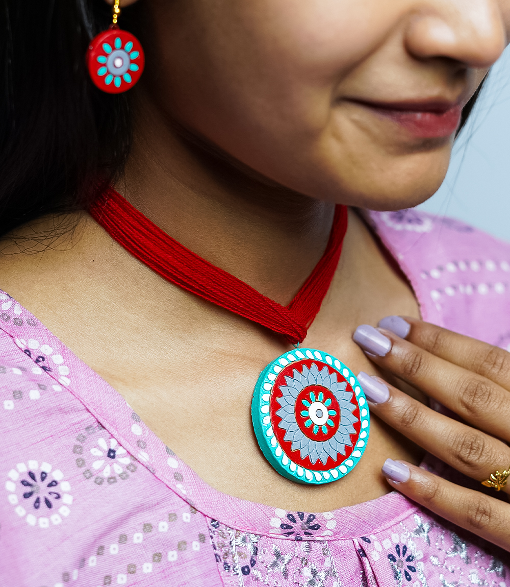 Handcrafted Red Mandala Terracotta Necklace & Earring Set
