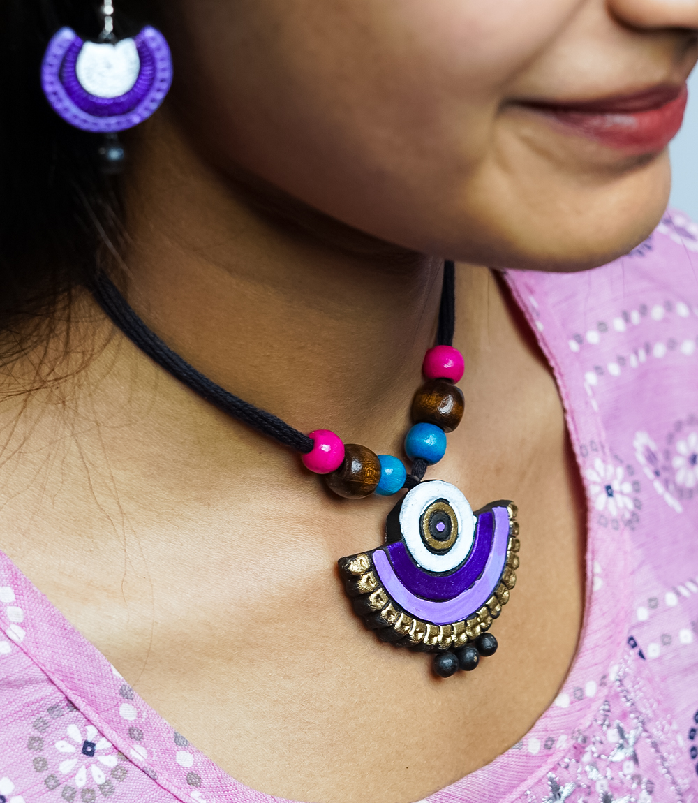 Handcrafted Purple Semi-Circular Terracotta Necklace & Earring Set