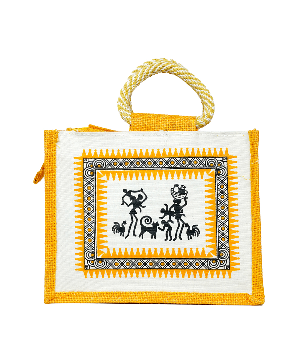 Warli Sunshine Jute Bag- Yellow