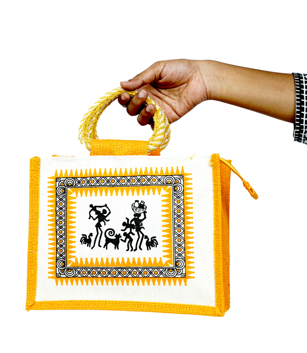 Warli Sunshine Jute Bag- Yellow
