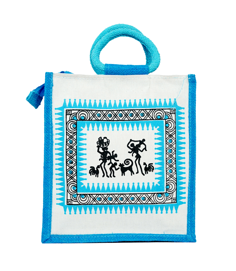 Warli Sunshine Jute Bag- Blue