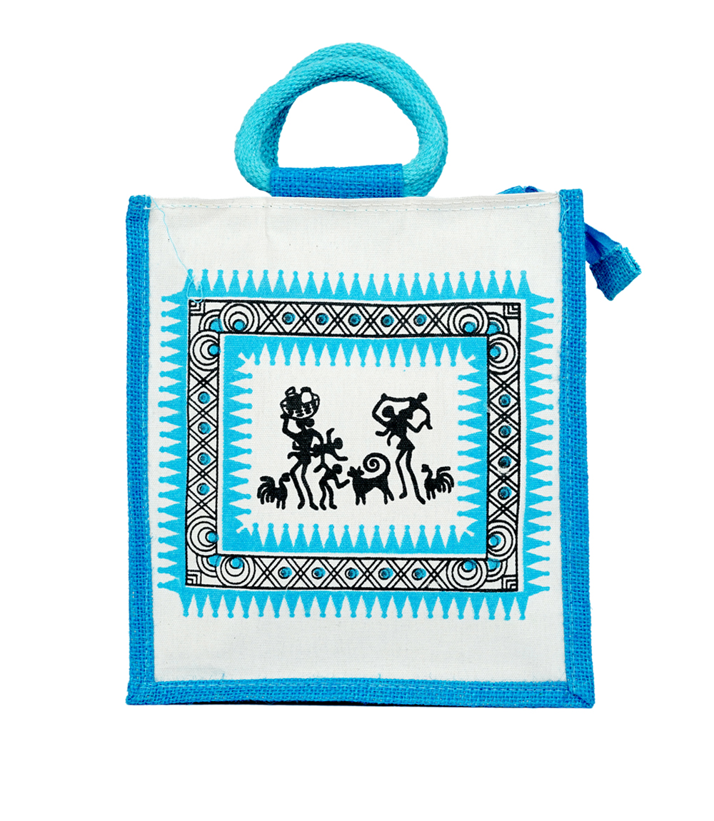 Warli Sunshine Jute Bag- Blue