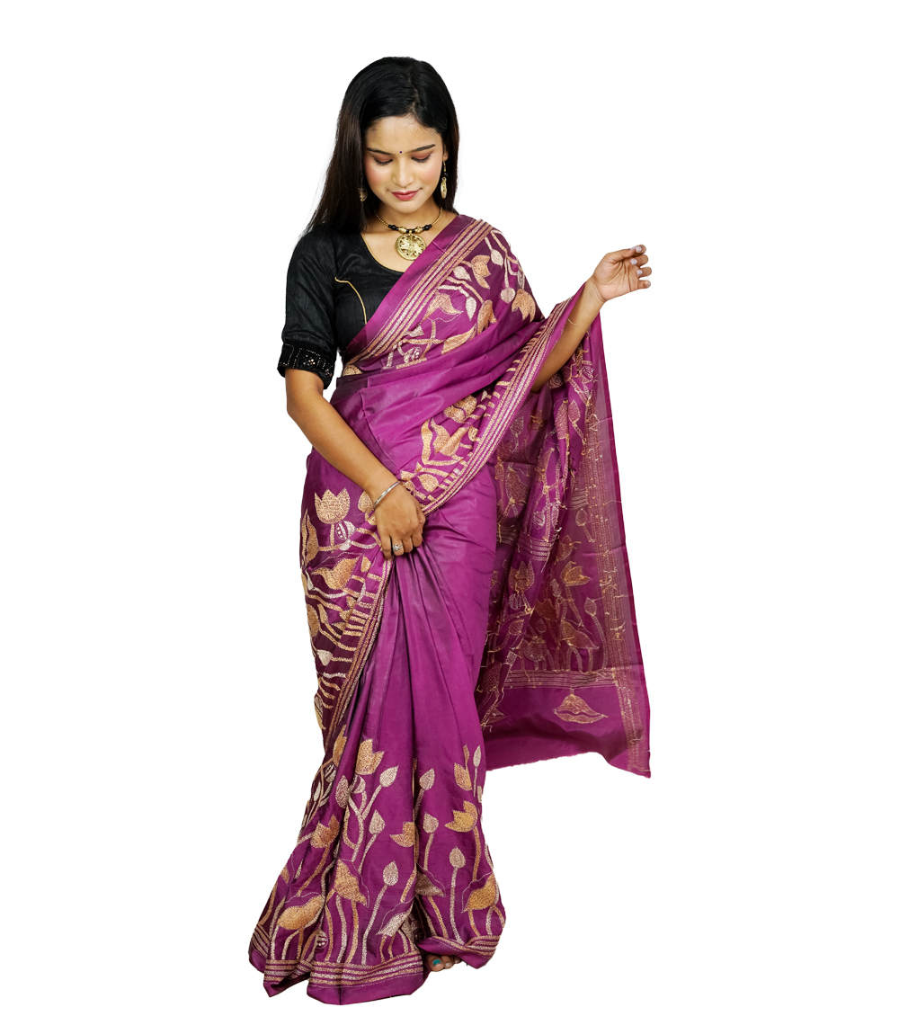 Purple Elegance Kantha stitch Saree