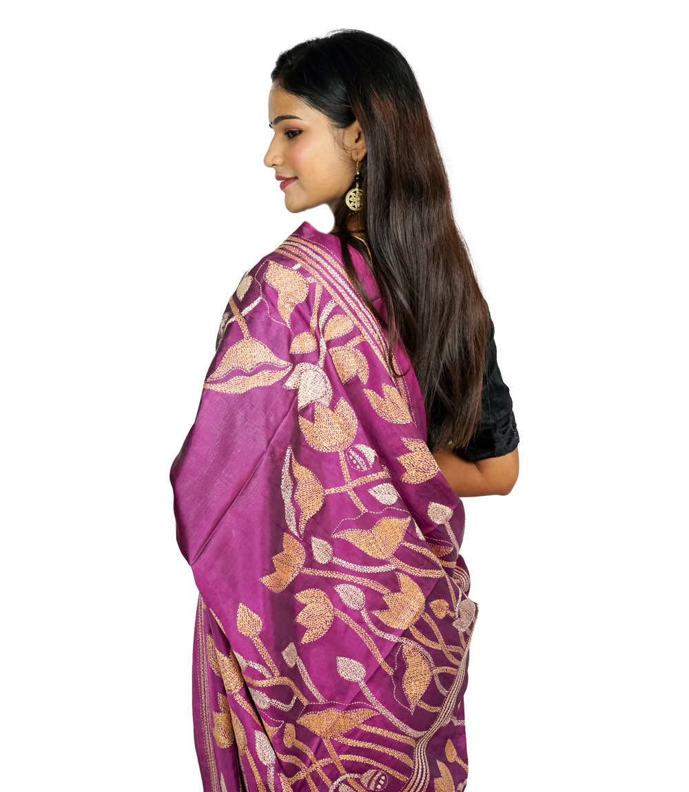 Purple Elegance Kantha stitch Saree