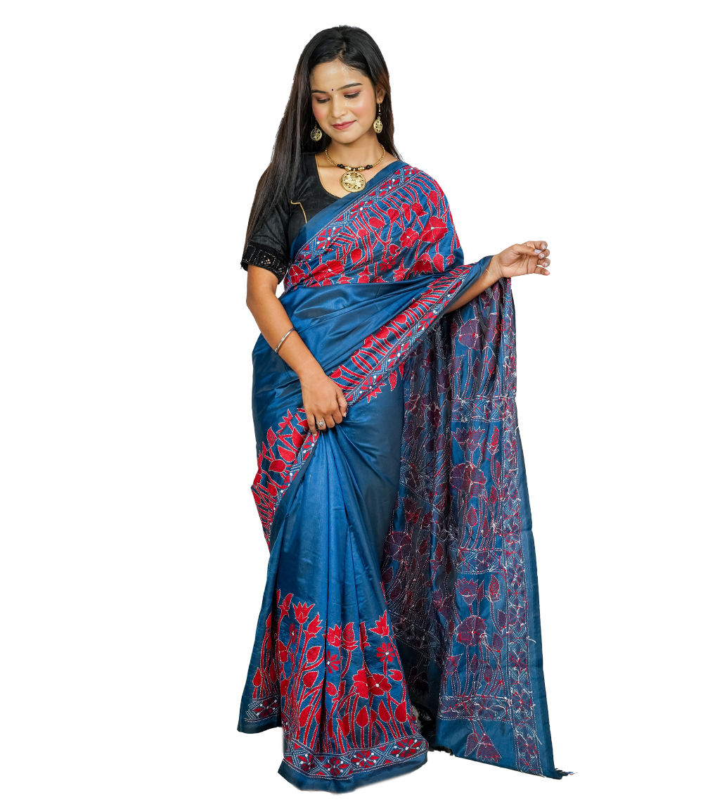 Handcrafted Blue & red Kantha stitch Saree