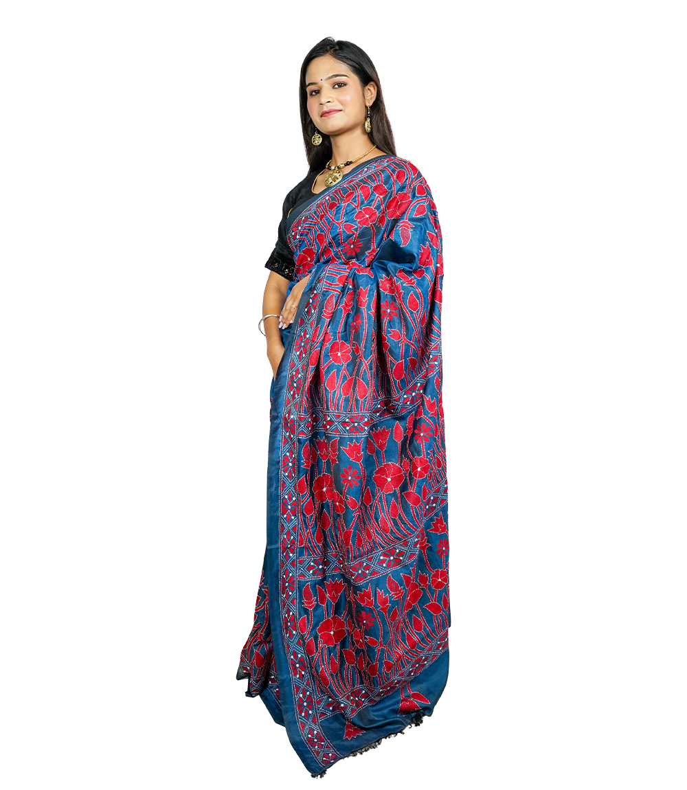 Handcrafted Blue & red Kantha stitch Saree