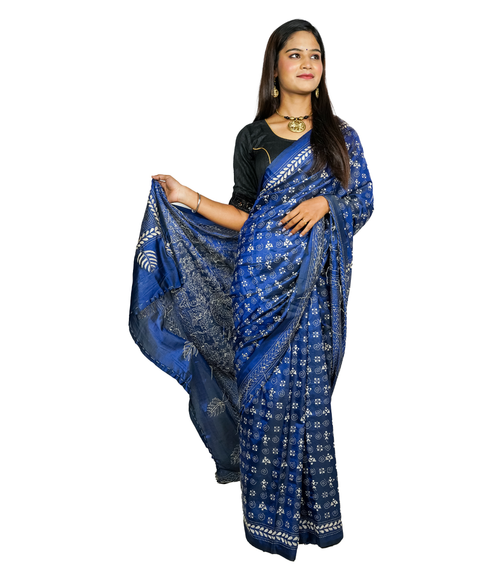 Royal Blue Kantha stitch Saree