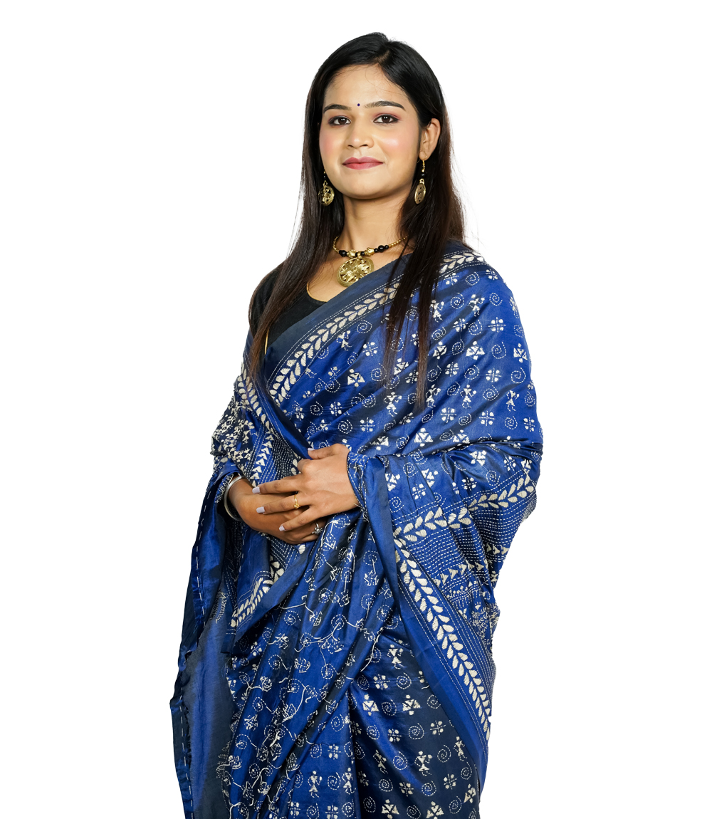 Royal Blue Kantha stitch Saree