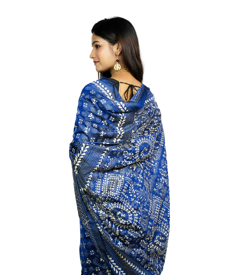 Royal Blue Kantha stitch Saree