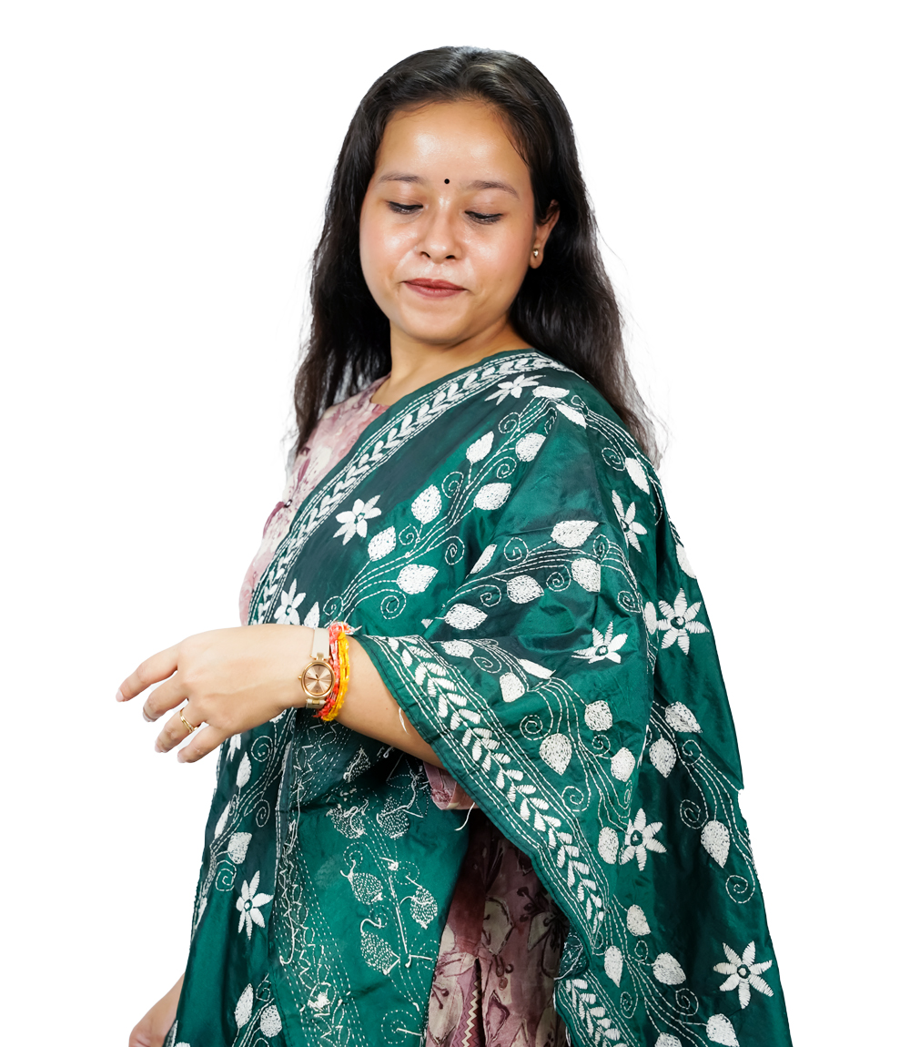 Floral Kantha Stitch Green Stole