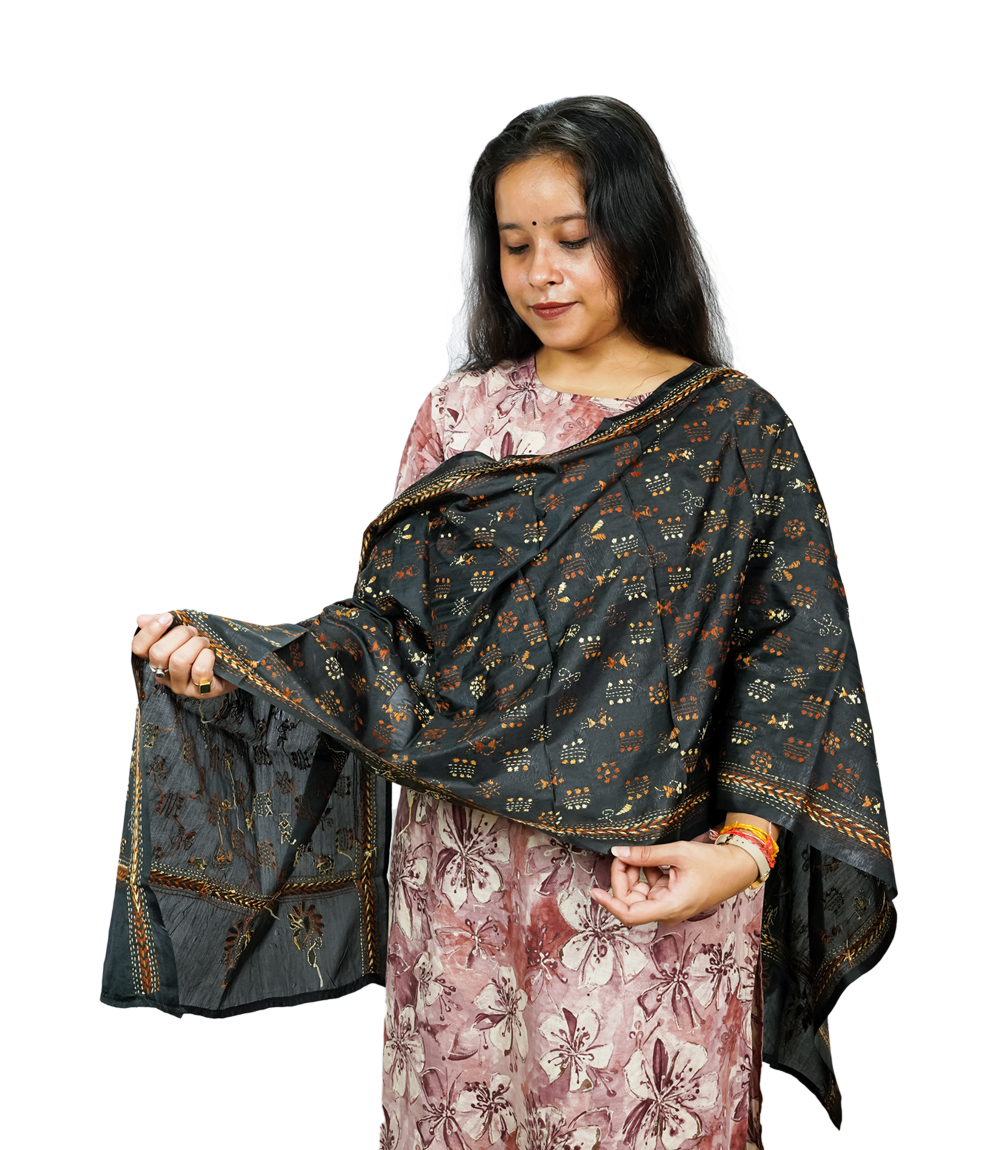 Black Kantha Stole with Colorful Dots