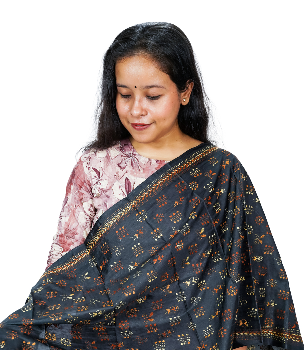 Black Kantha Stole with Colorful Dots