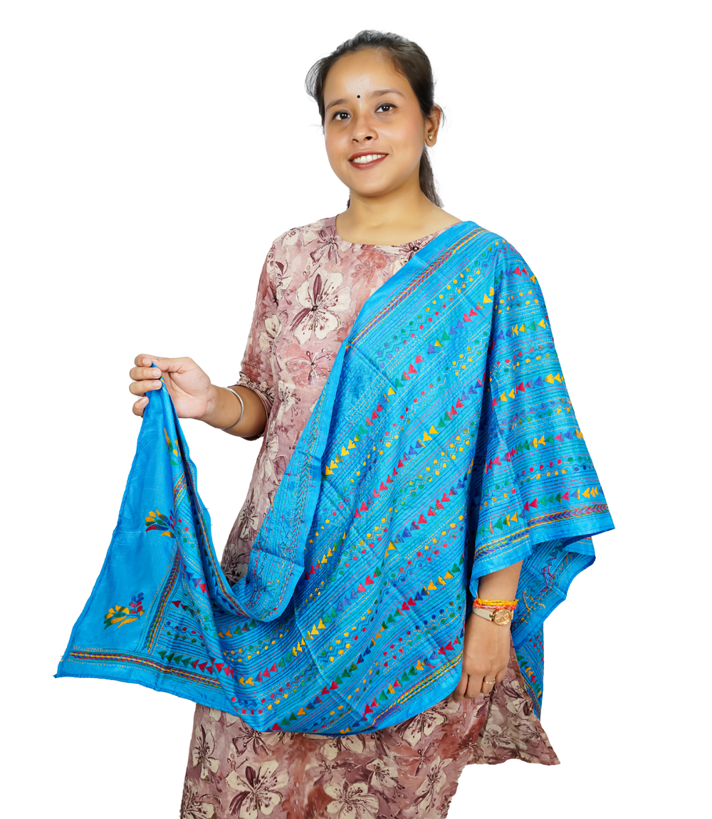 Blue Kantha Stole with Multicolor Embroidery